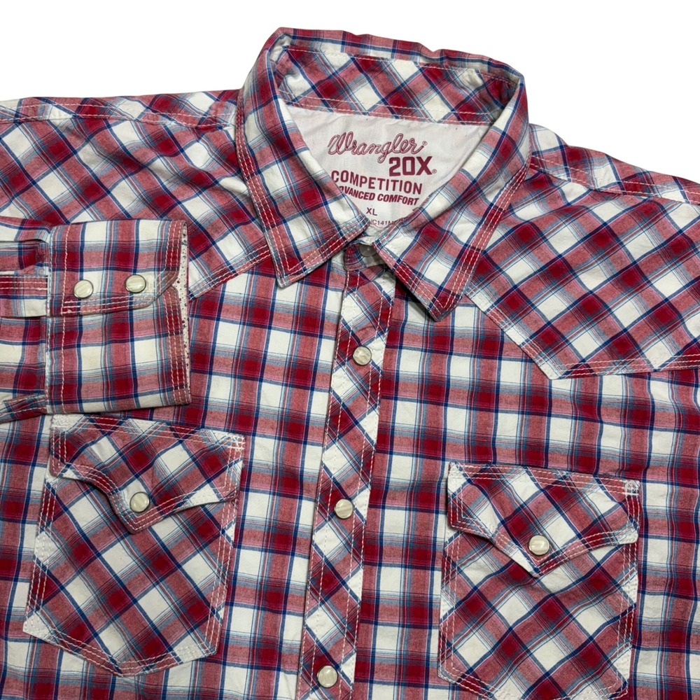 Wrangler 20X Competition Men XL‎ Western Plaid Pearl Snap Shirt Red Blue White